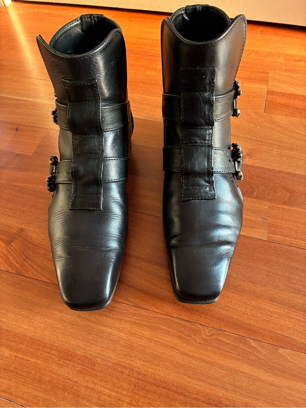 John Fluevog Black Leather Ankle Boots with Skull Buckle Straps - Picture 7 of 8